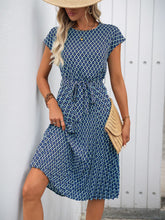 Perfee Printed Round Neck Short Sleeve Midi Dress Cerulean OutfitFlow