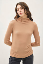 Be Cool Mock Neck Long Sleeve T-Shirt Camel OutfitFlow