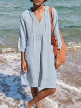 Full Size Tied Three-Quarter Sleeve Mini Dress Light Blue OutfitFlow