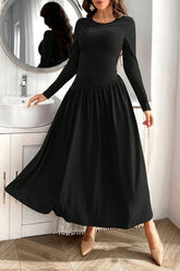 Ruched Round Neck Long Sleeve Dress Black OutfitFlow