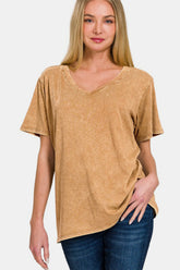 Zenana Full Size Washed Short Sleeve V-Neck T-Shirt Camel OutfitFlow