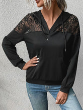 Perfee Lace Trim Dropped Shoulder Hoodie Black OutfitFlow