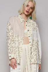 POL Lace Patchwork Floral Button-Up Shirt NATURAL MULTI OutfitFlow