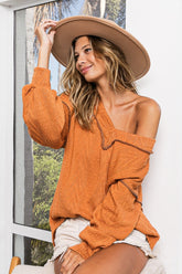 BiBi Textured Exposed Seam Drop Shoulder Knit Top Rust OutfitFlow