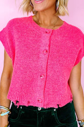 Distressed Hem Cap Sleeve Button Front Sweater Hot Pink OutfitFlow