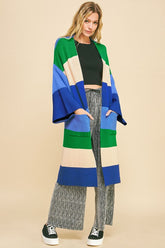 Davi & Dani Color Block Kimono Sleeve Open Front Cardigan Blue Stripe OutfitFlow