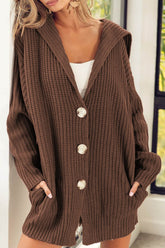 Button Down Collared Neck Cardigan Coffee Brown OutfitFlow