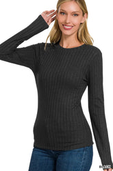 Zenana Ribbed Long Sleeve Round Neck T-Shirt BLACK OutfitFlow
