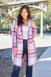 Double Take Full Size Plaid Button Up Lapel Collar Coat Carnation Pink OutfitFlow