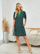 Contrast Striped Short Sleeve Mini Dress Dark Green OutfitFlow