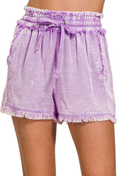Zenana Mineral Frayed Hem Washed Shorts B LAVENDER OutfitFlow