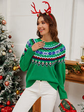 Geometric Round Neck Long Sleeve Sweater Green OutfitFlow