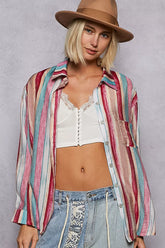 POL Striped Button-Down Oversized Shirt PINK STRIPE OutfitFlow