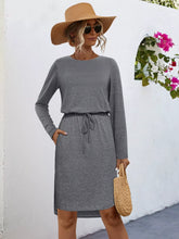 Long Sleeve Drawstring Midi Dress Dark Gray OutfitFlow