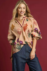 Umgee Floral Print Flounce Sleeve Blouse TAN MIX OutfitFlow