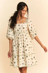 Davi & Dani Cactus Printed Poplin Contrast Piping Mini Dress CREAM GREEN OutfitFlow