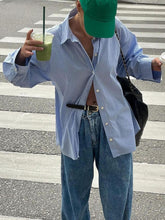 Devine Button Down Striped Collared Neck Long Sleeve Shirt Light Blue OutfitFlow