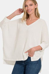 Zenana Full Size Round Neck High-Low Slit Knit Top Off White OutfitFlow