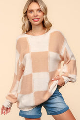 Haptics Full Size Checkered Round Neck Drop Shoulder Sweater Apricot OutfitFlow