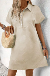 Button Front Short Sleeve Mini Dress Beige OutfitFlow