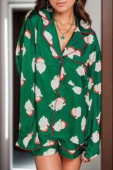 Santa Collared Neck Long Sleeve Top and Shorts Lounge Set Dark Green OutfitFlow