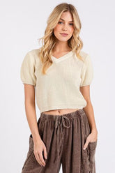 Mittoshop V-Neck Short Sleeve Crop Sweater Cream OutfitFlow