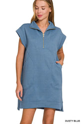 Zenana Textured Knit Jacquard Quarter Zipper Mini Dress DUSTY BLUE OutfitFlow