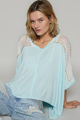 POL Oversize V-Neck Crochet Lace Contrast Studded Top Mint Blue OutfitFlow