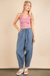VERY J Solid Barrel Comfy Woven Pants Denim OutfitFlow