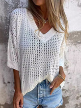 Full Size Openwork V-Neck Knit Cover Up Plus Size White OutfitFlow