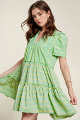 Stripe V Neck Short Sleeve Frilled Detail Dress Gum Leaf OutfitFlow