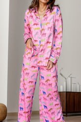 Pocketed Printed Top and Pants Lounge Set Pink OutfitFlow