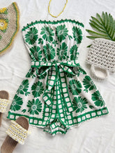 Printed Tube Tie Waist Romper Green OutfitFlow