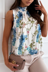 Floral Mock Neck Sleeveless Blouse Blue OutfitFlow