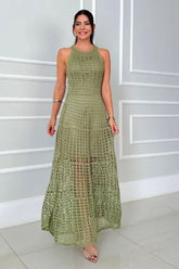 Hollowed-Out Sleeveless Maxi Dress Matcha Green OutfitFlow