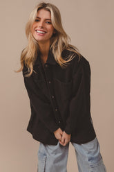 BiBi Button Up Washed Jacket with Pockets Black Charcoal OutfitFlow