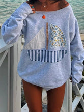 Boat Neck Long Sleeve Patchwork Sweatshirt Blue OutfitFlow