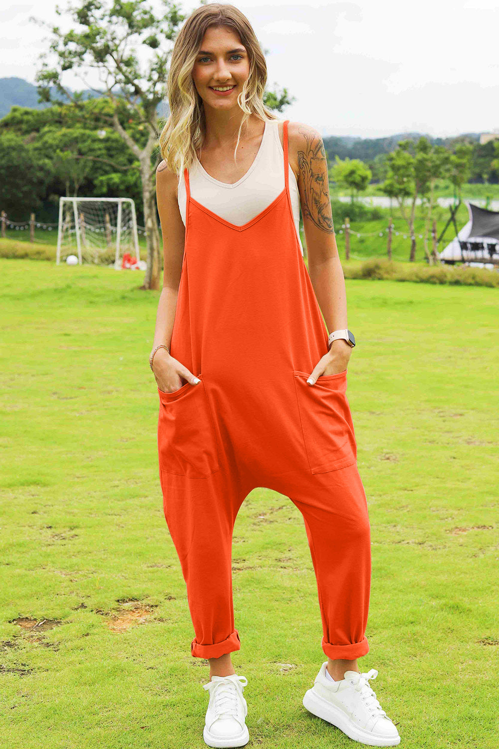 Double Take Full Size Sleeveless V-Neck Pocketed Jumpsuit Orange OutfitFlow
