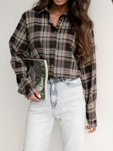 Plaid Collared Neck Long Sleeve Shirt Coffee Brown OutfitFlow