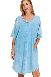 Zenana Acid-washed French Terry Tee Shirts Dress DEEP SKY OutfitFlow