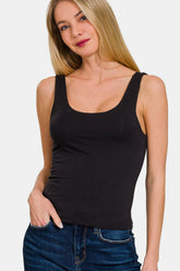 Zenana Double Layer Round Neck Tank Black OutfitFlow