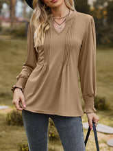 Ruched Notched Long Sleeve T-Shirt Camel OutfitFlow