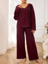 V-Neck Long Sleeve Top and Wide Leg Pants Set Burgundy OutfitFlow