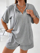Full Size Drawstring Half Zip Hooded Top and Shorts Set Plus Size Gray OutfitFlow