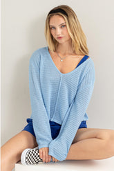 HYFVE V-Neck Stripe Texture Long Sleeve Top BABY BLUE OutfitFlow