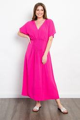 Be Stage Full Size Shirred Front Short Sleeve Maxi Dress Fuchsia OutfitFlow