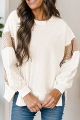 Slit Color Block Long Sleeve Sweatshirt Ivory OutfitFlow