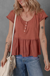 Short Sleeve U Neck Buttons Splicing Ruffle Blouse Terracotta OutfitFlow