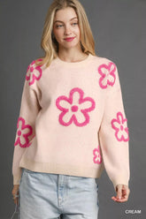 Umgee Round Neck Sweater with Pink Floral Accents Cream OutfitFlow