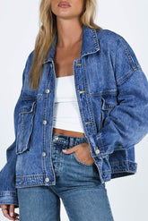 Collared Neck Button Up Denim Jacket Blue OutfitFlow